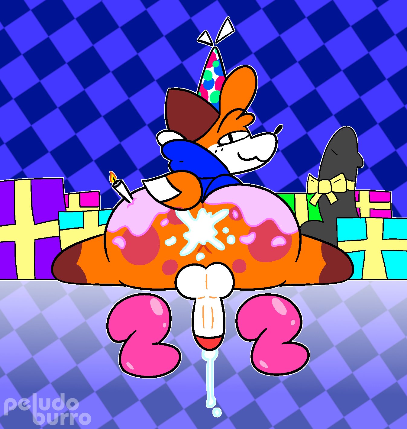 anthro blue_clothing blue_sweater blue_topwear bodily_fluids cake candle canid canine clothing cum cum_in_ass cum_inside dessert dildo ejaculation food fox fur genital_fluids gift half_clothed hi_res looking_at_viewer looking_back male mammal number orange_body orange_fur peludoburro sex_toy solo soups_(superiorfox) sweater tail topwear