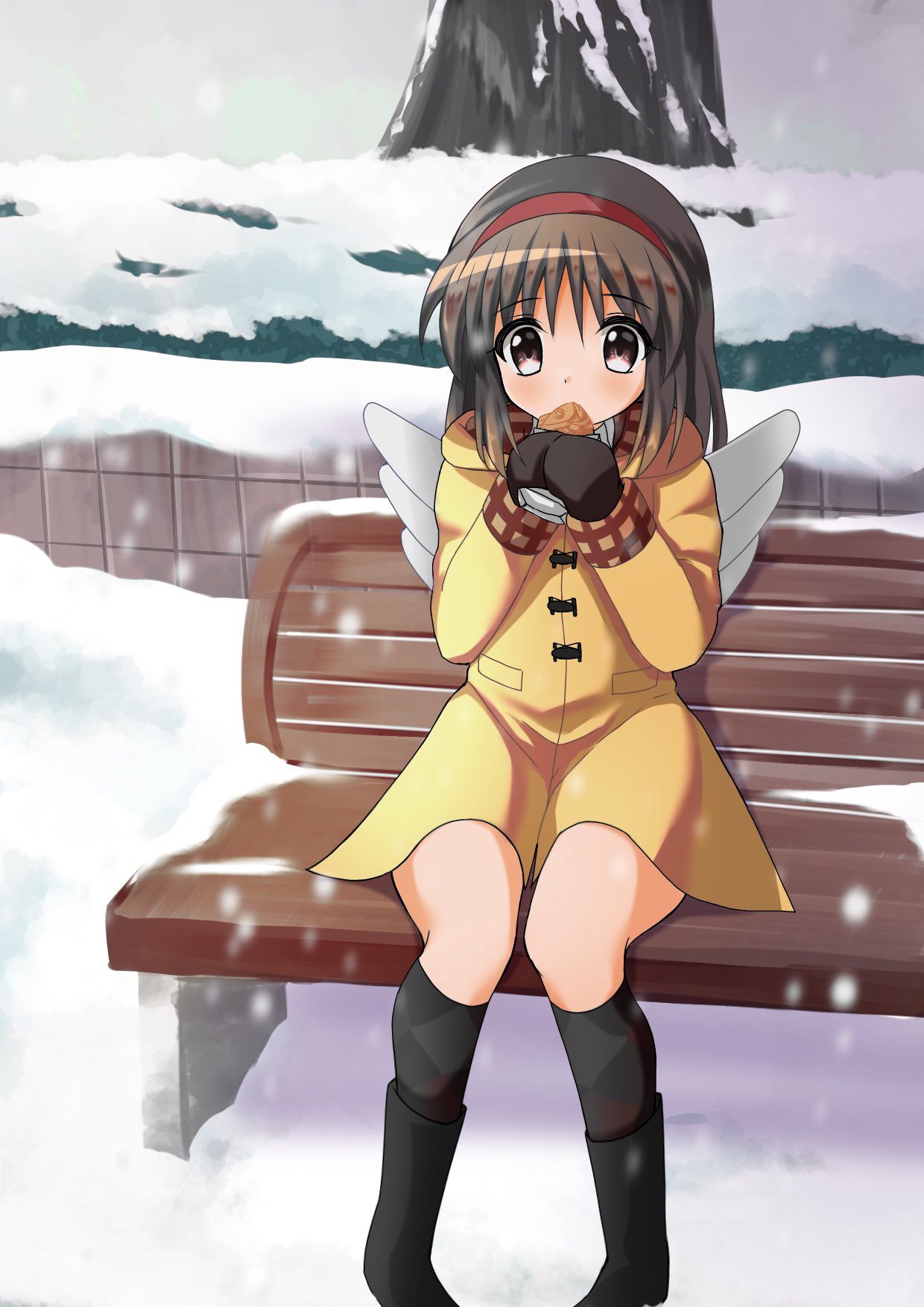 1girl alternate_eye_color angel_wings argyle_socks bench black_eyes black_footwear black_mittens black_socks blush boots brown_hair coat commentary day eating fake_wings feet_out_of_frame food hairband highres holding holding_food hood hood_down kanon kneehighs knees_together_feet_apart looking_down medium_hair mittens outdoors park_bench red_hairband sitting sitting_on_bench snow snowing socks solo straight_hair taiyaki tsukimiya_ayu wagashi wings winter yellow_coat yoanium