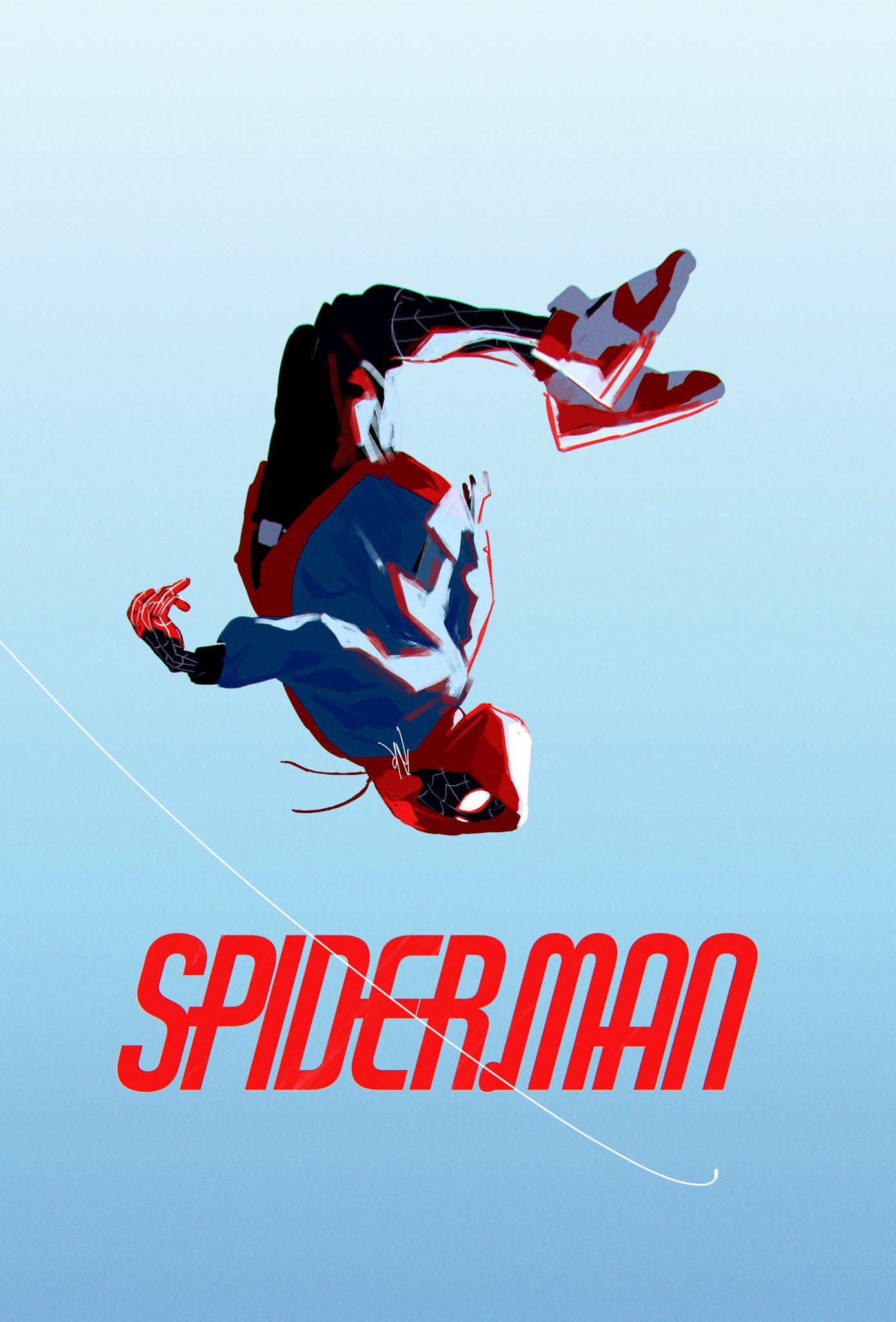 1boy azisaiharumaki56 black_bodysuit blue_background bodysuit commentary copyright_name gradient_background highres hood hoodie jumping male_focus marvel miles_morales profile shoes sneakers solo spider-man:_across_the_spider-verse spider-man_(series) spider-verse symbol-only_commentary