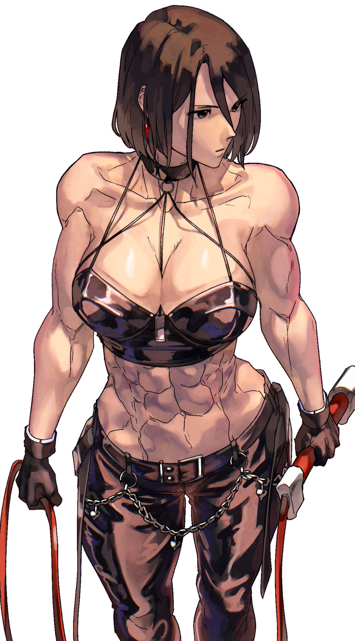 1girl abs alternate_muscle_size belt biceps bra breasts brown_eyes brown_hair choker cleavage earrings gloves highres holding holding_whip jewelry large_breasts leather leather_pants muscular muscular_female navel obliques pants short_hair simple_background solo standing strapless strapless_bra syachiiro the_king_of_fighters thick_thighs thighs toned underwear whip whip_(kof)