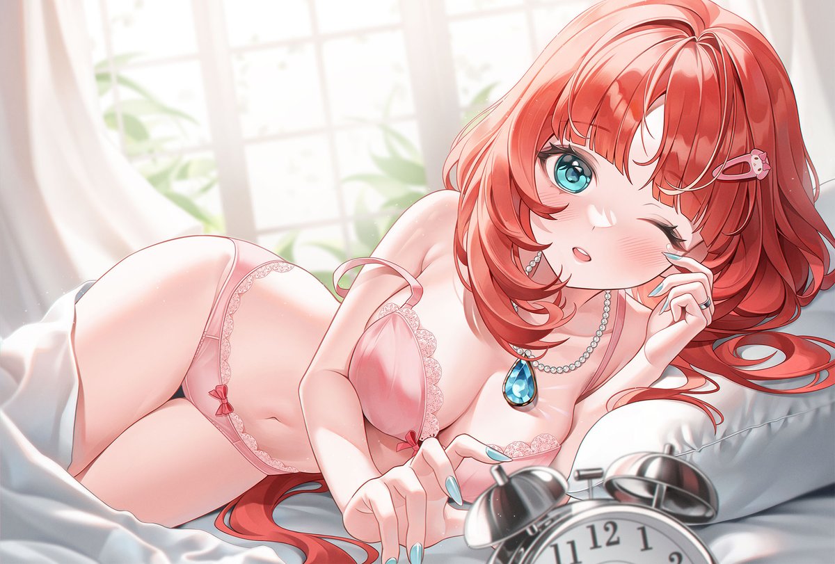 1girl alarm_clock blanket blunt_bangs bow bow_bra bow_panties bra breasts cleavage clock commentary gem genshin_impact hair_ornament hairclip jewelry lace-trimmed_bra lace-trimmed_panties lace_trim long_hair lying myless nail nilou_(genshin_impact) on_bed on_side one_eye_closed open_mouth panties pillow red_hair ring simple_background strap_slip tears underwear underwear_only window