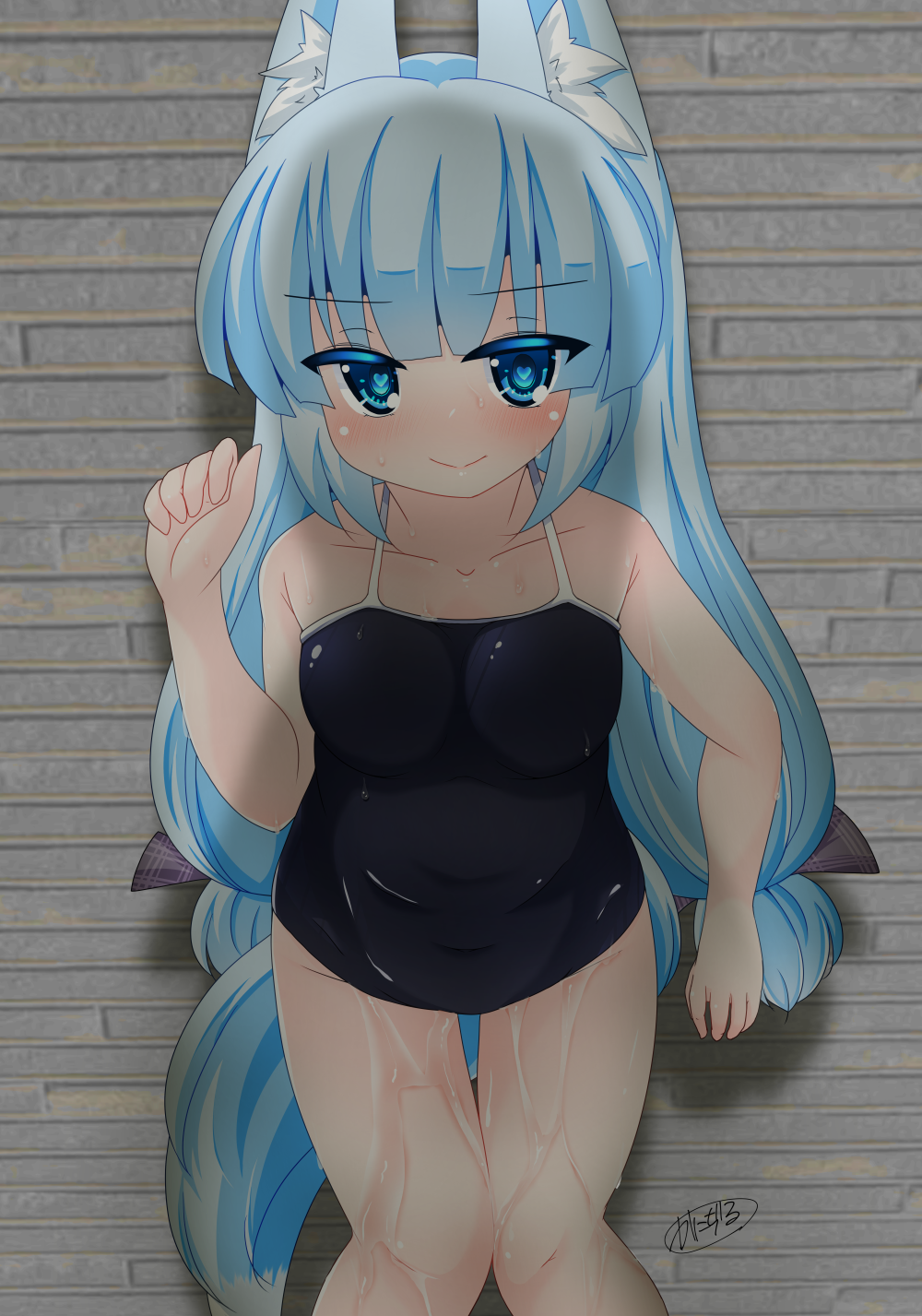 1girl animal_ear_fluff animal_ears bare_arms bare_shoulders black_one-piece_swimsuit blue_eyes blue_hair blush breasts closed_mouth collarbone commentary_request covered_navel fox_ears fox_girl fox_tail groin hand_up highres kanijiru knees_together_feet_apart long_hair looking_at_viewer medium_breasts one-piece_swimsuit original signature smile solo swimsuit tail thigh_gap very_long_hair wet