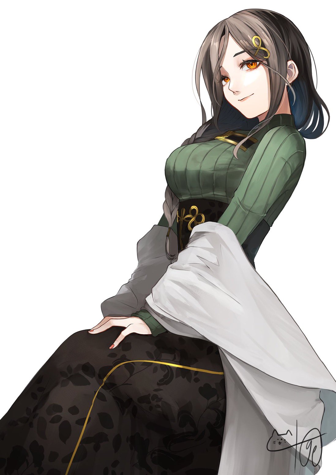 1girl braid breasts brown_hair eyes_visible_through_hair female_pubic_hair gradient_hair green_sweater grey_hair hair_ornament hair_over_one_eye highres large_breasts long_braid long_hair looking_at_viewer multicolored_hair nekotokage nijisanji orange_eyes pubic_hair ribbed_sweater shawl shirayuki_tomoe shirayuki_tomoe_(1st_costume) simple_background single_braid smile solo sweater turtleneck turtleneck_sweater virtual_youtuber white_shawl