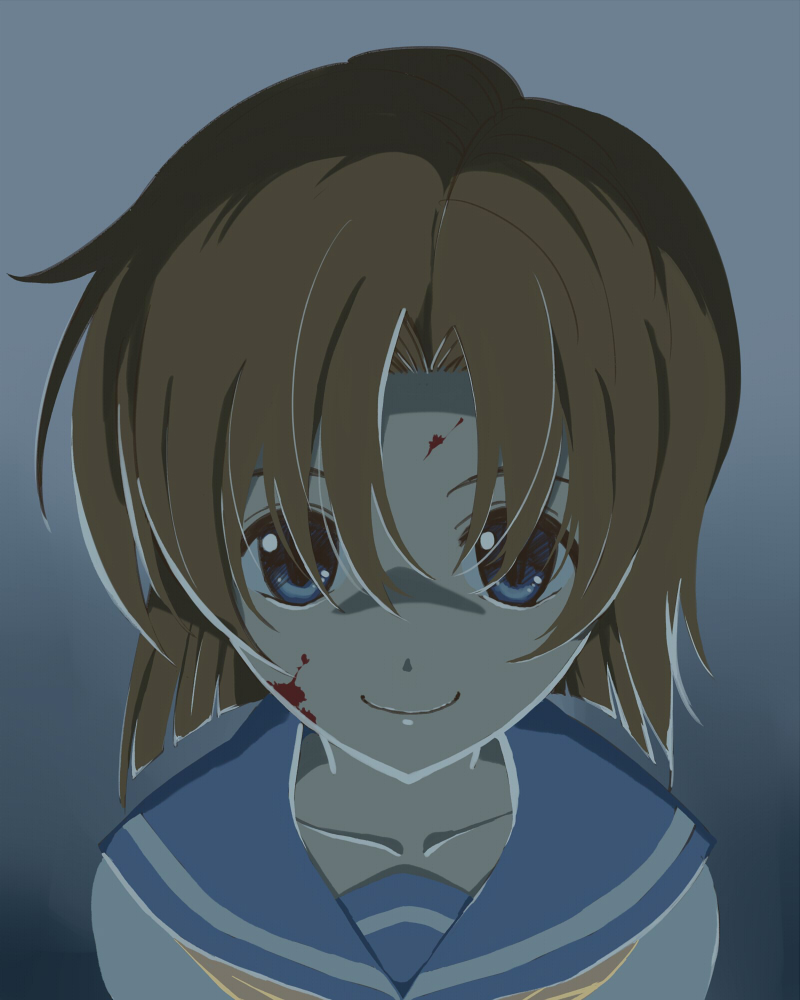 1girl blood blood_on_face blue_eyes blue_sailor_collar brown_hair closed_mouth collarbone commentary_request genny gradient_background grey_background hair_between_eyes higurashi_no_naku_koro_ni looking_at_viewer medium_hair neckerchief portrait ryuuguu_rena sailor_collar shirt smile solo white_shirt yellow_neckerchief