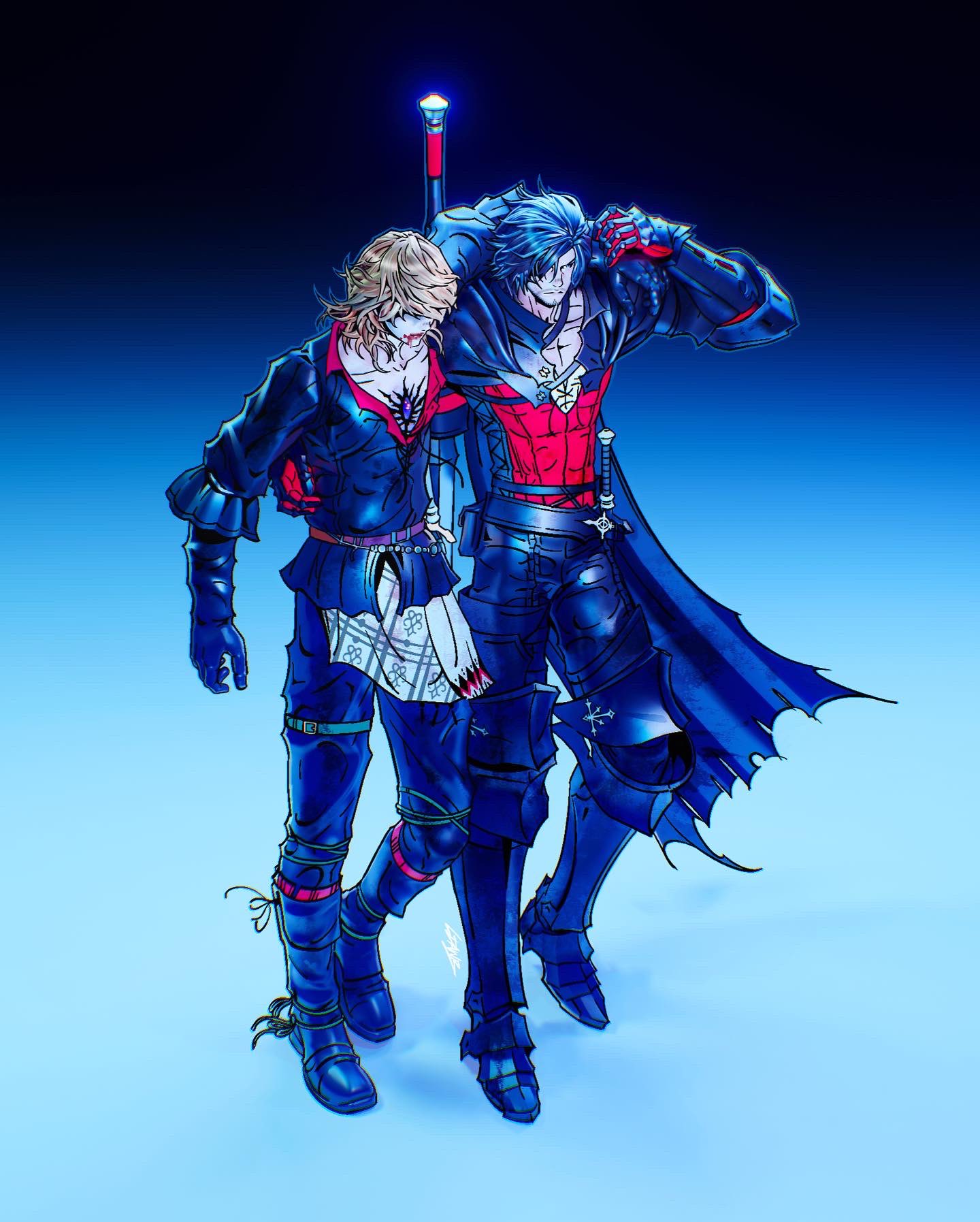 2boys arm_around_back arm_around_shoulder black_footwear black_gloves black_hair black_pants black_shirt blonde_hair blood blood_from_mouth blue_background brothers chest_markings clive_rosfield final_fantasy final_fantasy_xvi gloves gradient_background hair_between_eyes hair_over_eyes highres joshua_rosfield ldawb male_focus medium_hair messy_hair multiple_boys pants red_vest shirt siblings thigh_strap vest weapon weapon_on_back