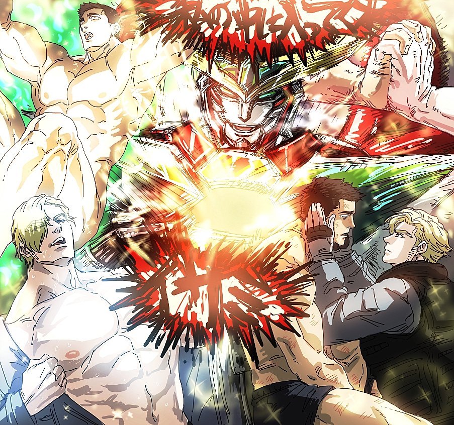 3boys 3chi abs ao_isami black_hair blonde_hair bravern completely_nude explosion hands_on_another's_face holding_hands lewis_smith male_focus mecha multiple_boys muscular muscular_male nude pilot_suit robot saliva sideburns snot super_robot sweat topless_male underwear underwear_only undressing yuuki_bakuhatsu_bang_bravern