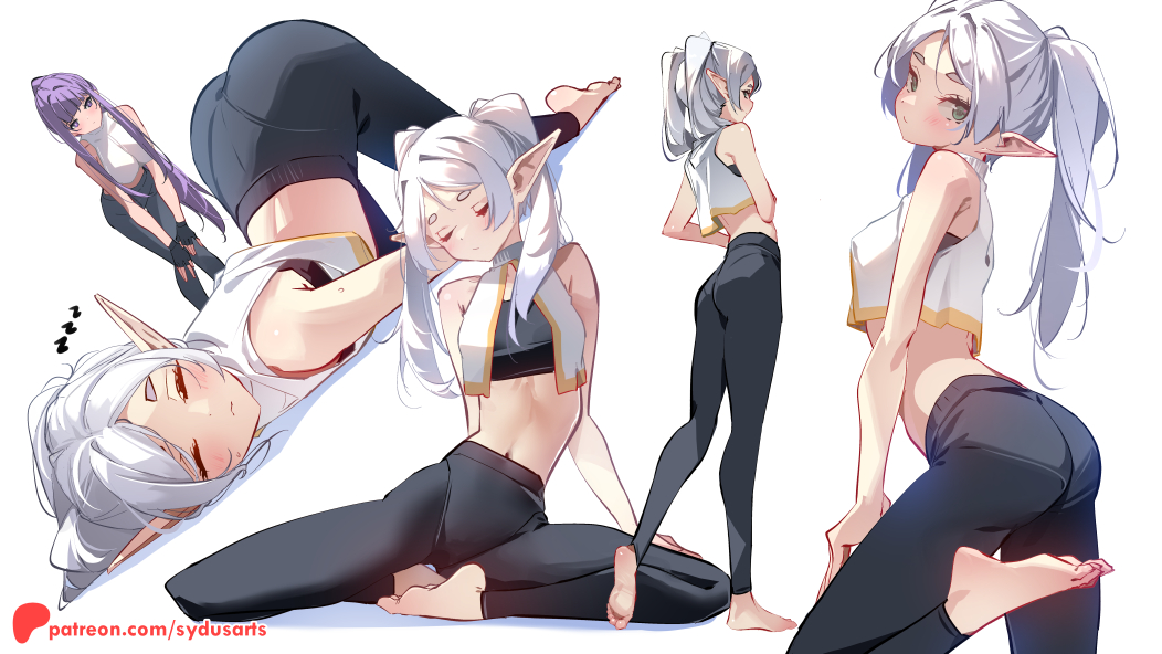 2girls black_leggings black_sports_bra breasts butterfly_sitting closed_mouth crop_top elf fern_(sousou_no_frieren) foot_up frieren from_side full_body green_eyes hands_on_own_knees large_breasts leaning_forward leggings long_hair looking_at_viewer multiple_girls multiple_views parted_bangs patreon_username pointy_ears purple_eyes purple_hair shirt sleeping sleeveless sleeveless_shirt small_breasts sousou_no_frieren sports_bra standing sydus top-down_bottom-up twintails white_background white_hair white_shirt zzz