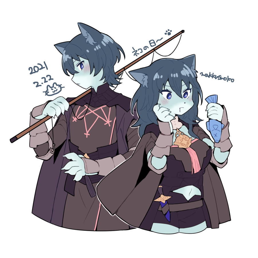 1boy 1girl animal animal_ears animalization artist_name belt black_shorts blue_eyes blue_hair byleth_(female)_(fire_emblem) byleth_(fire_emblem) byleth_(male)_(fire_emblem) cape cat_boy cat_day cat_ears cat_girl claws clothing_cutout dagger dated do_m_kaeru fire_emblem fire_emblem:_three_houses fish fishing_rod furrification furry furry_female furry_male grey_cape holding holding_animal holding_fish holding_fishing_rod knife medium_hair navel navel_cutout short_hair shorts simple_background vambraces weapon white_background