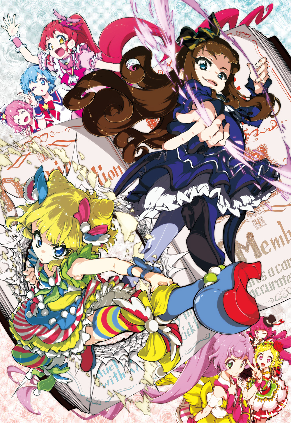 1boy 6+girls :d arm_up blonde_hair blue_dress blue_eyes blue_footwear blue_hair blunt_bangs book boots bow braid brother_and_sister brown_hair cone_hair_bun dorothy_west double_bun dress enouchi_ai frilled_dress frills full_body green_eyes group_picture hair_bow hair_bun hat highres hojo_sophy idol_clothes kicking kurosu_aroma long_hair looking_at_viewer magic manaka_laala midorikaze_fuwari minami_mirei mini_hat mini_top_hat mole mole_under_eye multicolored_clothes multicolored_dress multiple_girls one_eye_closed open_book open_mouth otoko_no_ko pink_bow pink_hair pointing pointing_at_viewer ponytail pretty_series pripara purple_hair red_hair reona_west shiratama_mikan shoe_soles short_hair siblings side_braid smile top_hat twins very_long_hair yellow_eyes