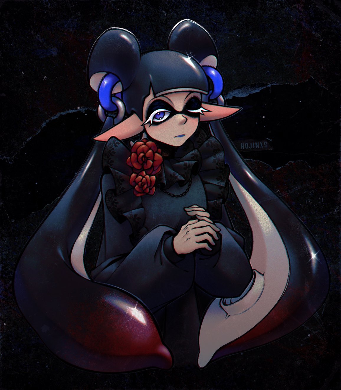 1girl artist_name black_dress black_hair blue_eyes blue_lips commentary dress flower frilled_dress frills highres hojinxs inkling jessika_(splatoon) long_hair long_pointy_ears long_sleeves looking_at_viewer one_eye_closed pointy_ears red_flower shadow solo sparkle splatoon_(series) splatoon_3 suction_cups tentacle_hair upper_body very_long_hair