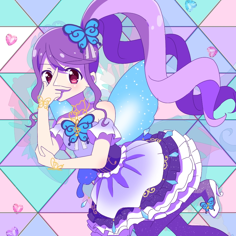 1girl bare_shoulders butterfly_hair_ornament butterfly_wings closed_mouth commentary_request dress hair_ornament hand_on_own_elbow hand_on_own_face hand_up high_heels idol_clothes insect_wings junon_(pripara) kuroda_keeshi layered_dress long_hair looking_at_viewer multicolored_hair pretty_series pripara purple_dress purple_hair red_eyes shoes side_ponytail sidelocks solo v white_footwear wings