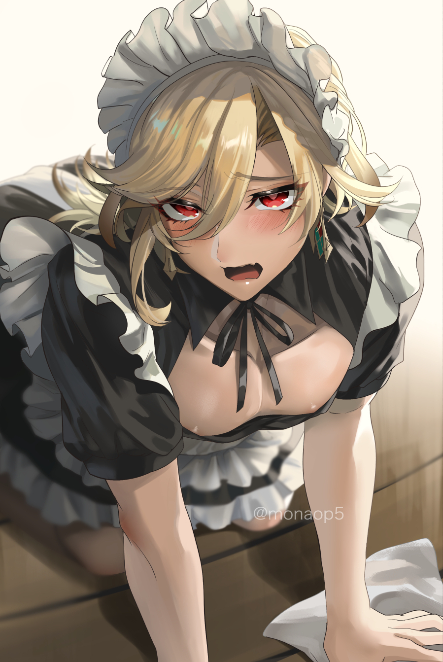 1boy alternate_costume apron black_dress blonde_hair blush cleaning commentary_request crossdressing dated_commentary dress enmaided eyelashes fang frilled_apron frills from_above genshin_impact hair_between_eyes highres kaveh_(genshin_impact) kneeling long_hair looking_at_viewer looking_up maid maid_apron maid_headdress male_focus mn open_mouth otoko_no_ko pectoral_cleavage pectorals puffy_nipples red_eyes solo wooden_floor