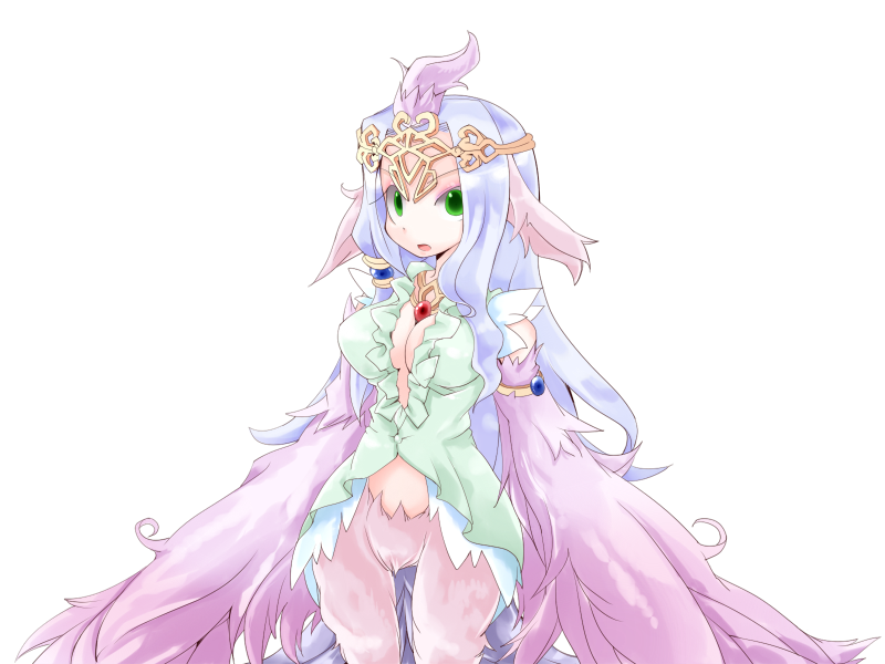 1girl animal_ears armlet bird_ears bird_legs bird_tail bmp-to-png_conversion breasts cleavage crown dress eyeshadow feathered_wings feathers green_dress green_eyes half-closed_eyes harpy large_breasts long_hair looking_at_viewer lucretia_(mon-musu_quest!) makeup mon-musu_quest! monster_girl non-web_source open_mouth pink_eyeshadow pink_feathers pink_wings purple_feathers purple_hair single_hair_tube solo surprised tail transparent_background very_long_hair winged_arms wings