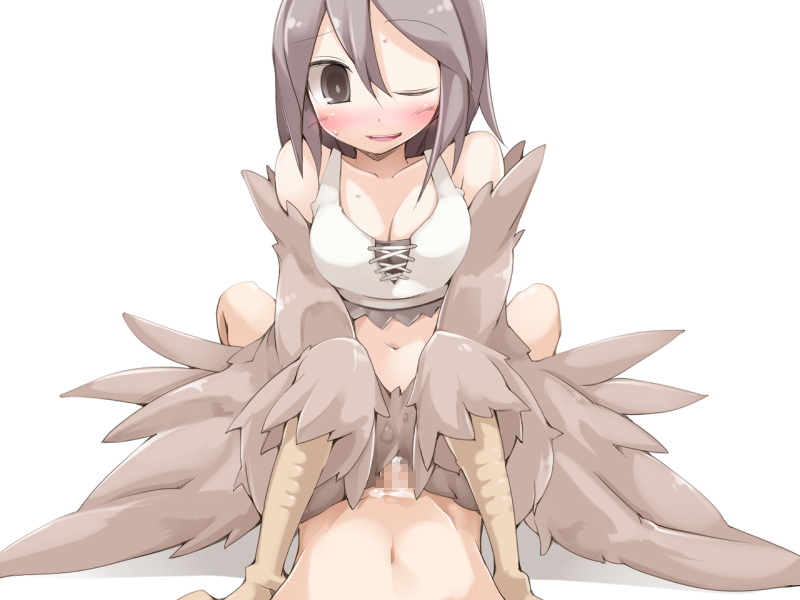 1boy 1girl bare_shoulders bird_legs blush bmp-to-png_conversion breasts brown_eyes brown_feathers brown_hair brown_wings censored cleavage cowgirl_position feathered_wings feathers frfr hair_between_eyes harpy hetero long_hair medium_breasts midriff mon-musu_quest! monster_girl mosaic_censoring navel non-web_source one_eye_closed open_mouth pina_(mon-musu_quest!) pov sex straddling sweat tank_top transparent_background white_tank_top winged_arms wings