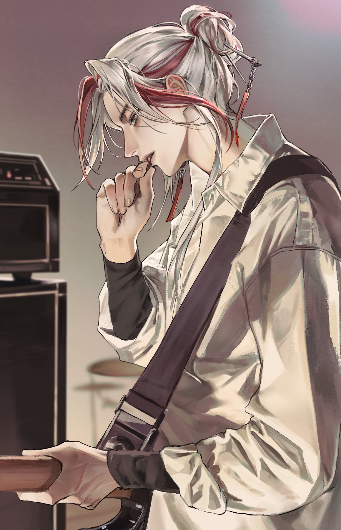 1boy amplifier chhiii_o_o commentary dress_shirt electric_guitar english_commentary finger_to_mouth from_side green_eyes guitar hair_bun hair_ornament heartsteel_yone highres holding holding_guitar holding_instrument instrument league_of_legends multicolored_hair official_alternate_costume pale_skin parted_lips red_hair shirt solo white_hair white_shirt yone_(league_of_legends)