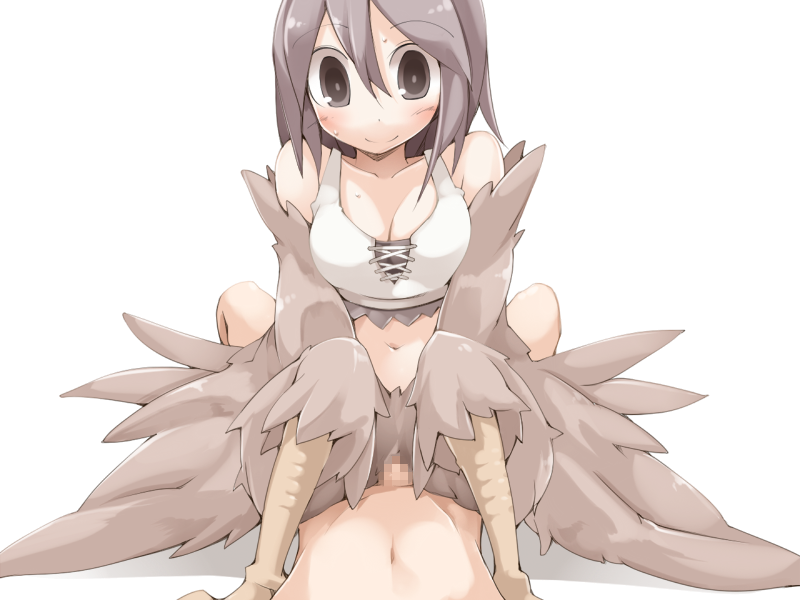 1boy 1girl bare_shoulders bird_legs blush bmp-to-png_conversion breasts brown_eyes brown_feathers brown_hair brown_wings censored cleavage cowgirl_position feathered_wings feathers frfr hair_between_eyes harpy hetero long_hair medium_breasts midriff mon-musu_quest! monster_girl mosaic_censoring navel non-web_source pina_(mon-musu_quest!) pov sex straddling sweat tank_top transparent_background white_tank_top winged_arms wings