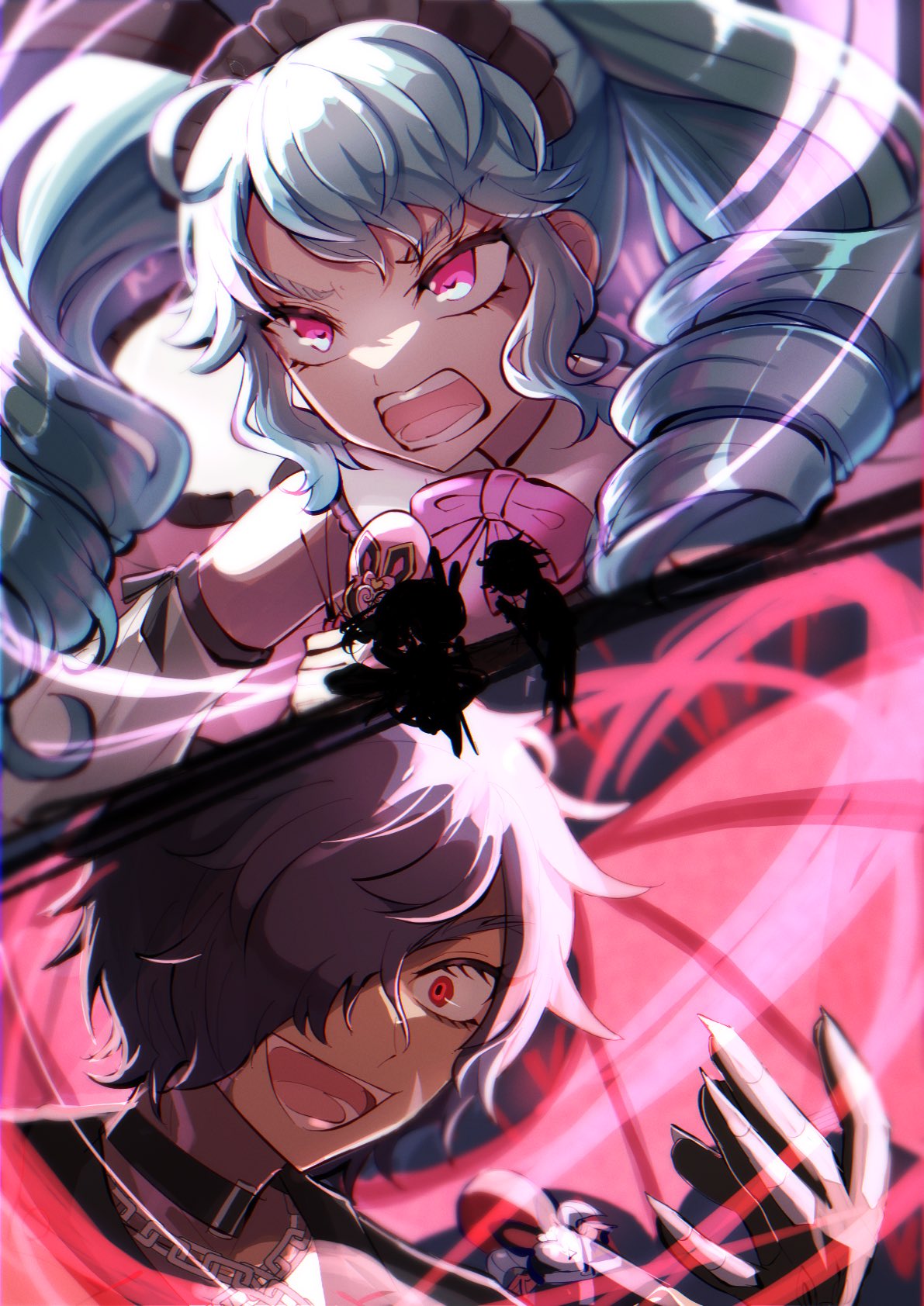 1boy 1girl ajisai_hana_(hydrangea_096) angry black_collar blue_hair bow collar constricted_pupils dark-skinned_male dark_skin demon_wings detached_sleeves drill_hair hair_over_one_eye highres idol_land_pripara katasumi_amari long_hair mario_(pripara) open_mouth pink_bow pink_eyes pretty_series pripara red_eyes red_wings short_hair silhouette smile split_screen twin_drills twintails upper_body vs wings