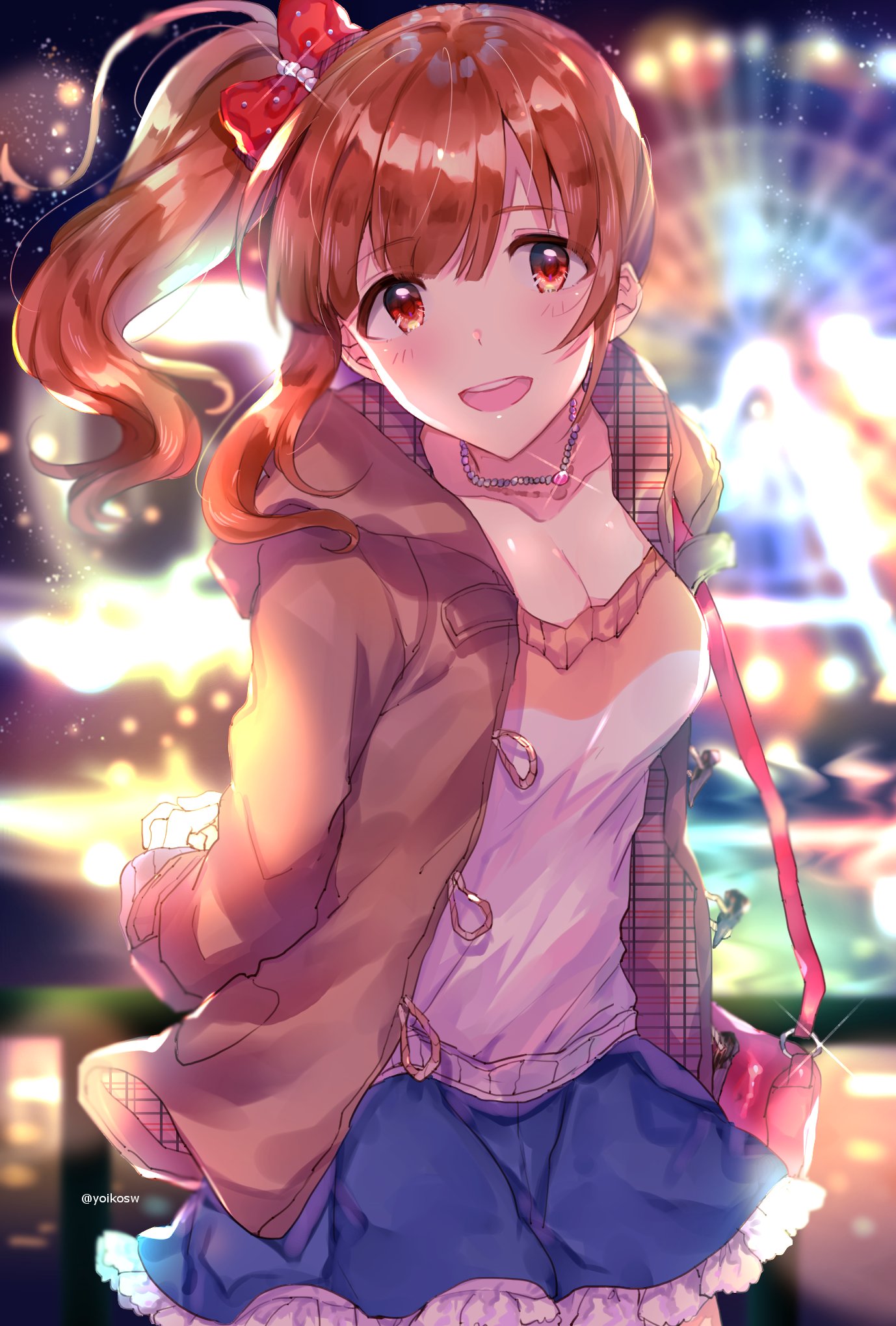 1girl arms_behind_back bag bead_necklace beads blue_skirt blurry blurry_background blush bow breasts brown_eyes brown_hair brown_hoodie cleavage collarbone cowboy_shot dot_nose fence ferris_wheel frilled_skirt frills glint hair_bow hair_ribbon highres hood hood_down hoodie idolmaster idolmaster_cinderella_girls idolmaster_cinderella_girls_starlight_stage igarashi_kyoko jewelry long_hair long_sleeves looking_at_viewer medium_breasts necklace night open_clothes open_hoodie open_mouth outdoors red_ribbon ribbon shirt shoulder_bag side_ponytail skirt smile solo standing teeth twitter_username upper_teeth_only white_shirt yoiko_(yoikosw)