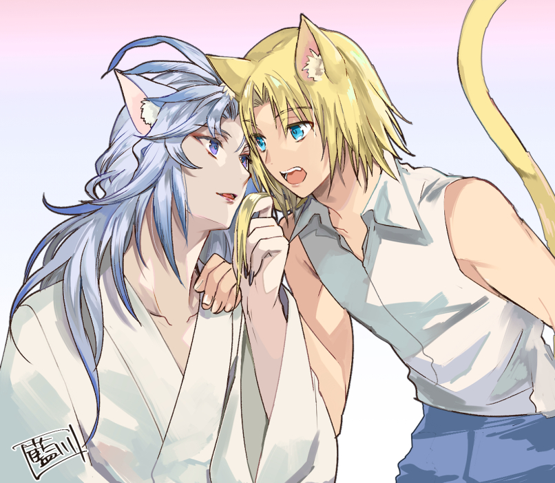 2boys aikawaazumi alternate_costume animal_ears blonde_hair blue_eyes blue_hair blue_pants cat_boy cat_day cat_ears cat_tail claws collared_shirt commentary_request eyeshadow fang final_fantasy final_fantasy_ix forehead-to-forehead gradient_background gradient_hair grey_hair hand_on_another's_shoulder heads_together holding_another's_hair japanese_clothes kemonomimi_mode kimono kuja leaning_forward light_smile long_hair looking_at_another makeup male_focus multicolored_hair multiple_boys open_mouth pants parted_lips ponytail purple_eyes purple_nails red_eyeshadow shirt short_hair_with_long_locks signature sleeveless sleeveless_shirt tail upper_body white_kimono yaoi zidane_tribal