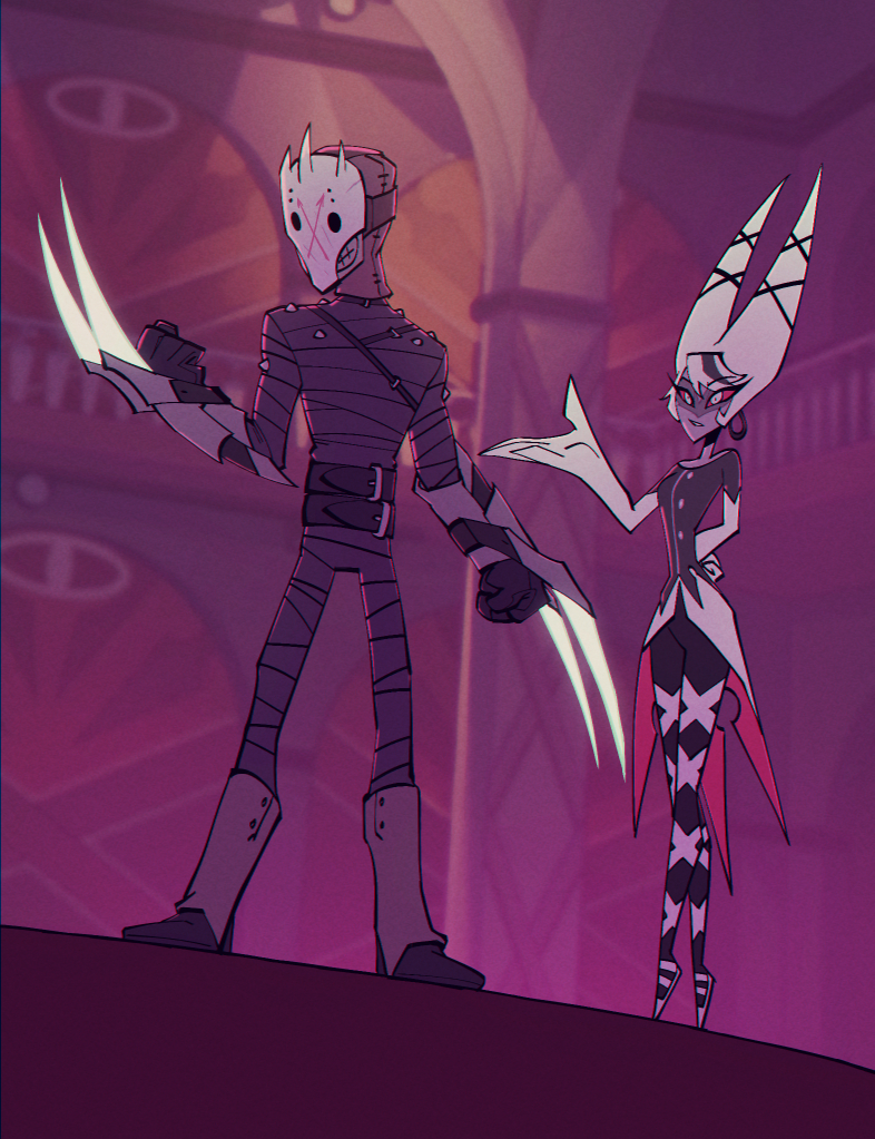 4_fingers armor ballet ballet_leotard big_claws big_hands bigdad carmilla_carmine claw_(weapon) claws clothing colored dance_shoes dancewear demon demon_humanoid detailed_background duo ear_piercing ear_ring female fingers finn_talbert_(bigdad) footwear grey_body grey_skin hand_behind_back hazbin_hotel headgear headwear horn horned_humanoid human humanoid leotard light lighting male mammal mask mature_female mature_humanoid melee_weapon piercing pointe_shoes pointy_hair pupils red_eyes ring_piercing shaded shoes sinner_demon standing suit weapon white_pupils