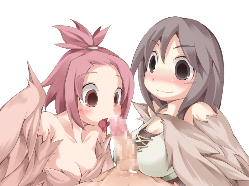 1boy 2girls bangs_pinned_back bare_shoulders blush bmp-to-png_conversion breasts brown_eyes brown_feathers brown_hair brown_wings censored cleavage feathered_wings feathers fellatio harpy licking licking_penis long_hair looking_at_penis medium_breasts mon-musu_quest! monster_girl mosaic_censoring multiple_girls non-web_source open_mouth oral penis pii_(mon-musu_quest!) pina_(mon-musu_quest!) pov precum red_hair siblings sisters small_breasts transparent_background winged_arms wings
