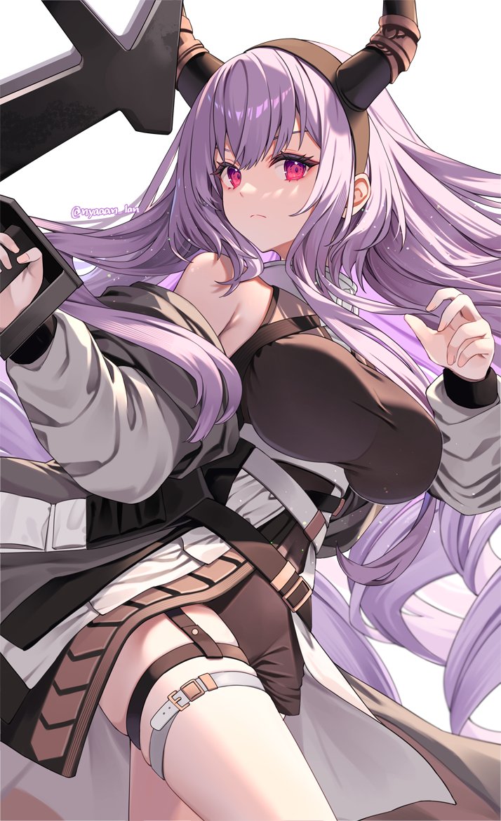 1girl arknights black_bodysuit black_hairband bodysuit bow_(weapon) breasts closed_mouth cowboy_shot floating_hair frown hair_between_eyes hairband hand_up holding holding_bow_(weapon) holding_weapon horns huge_breasts jacket legs_together long_hair long_sleeves mashita_(kuzsat) off_shoulder open_clothes open_jacket pink_eyes purple_hair sidelocks simple_background solo thighs twitter_username typhon_(arknights) weapon white_background white_jacket