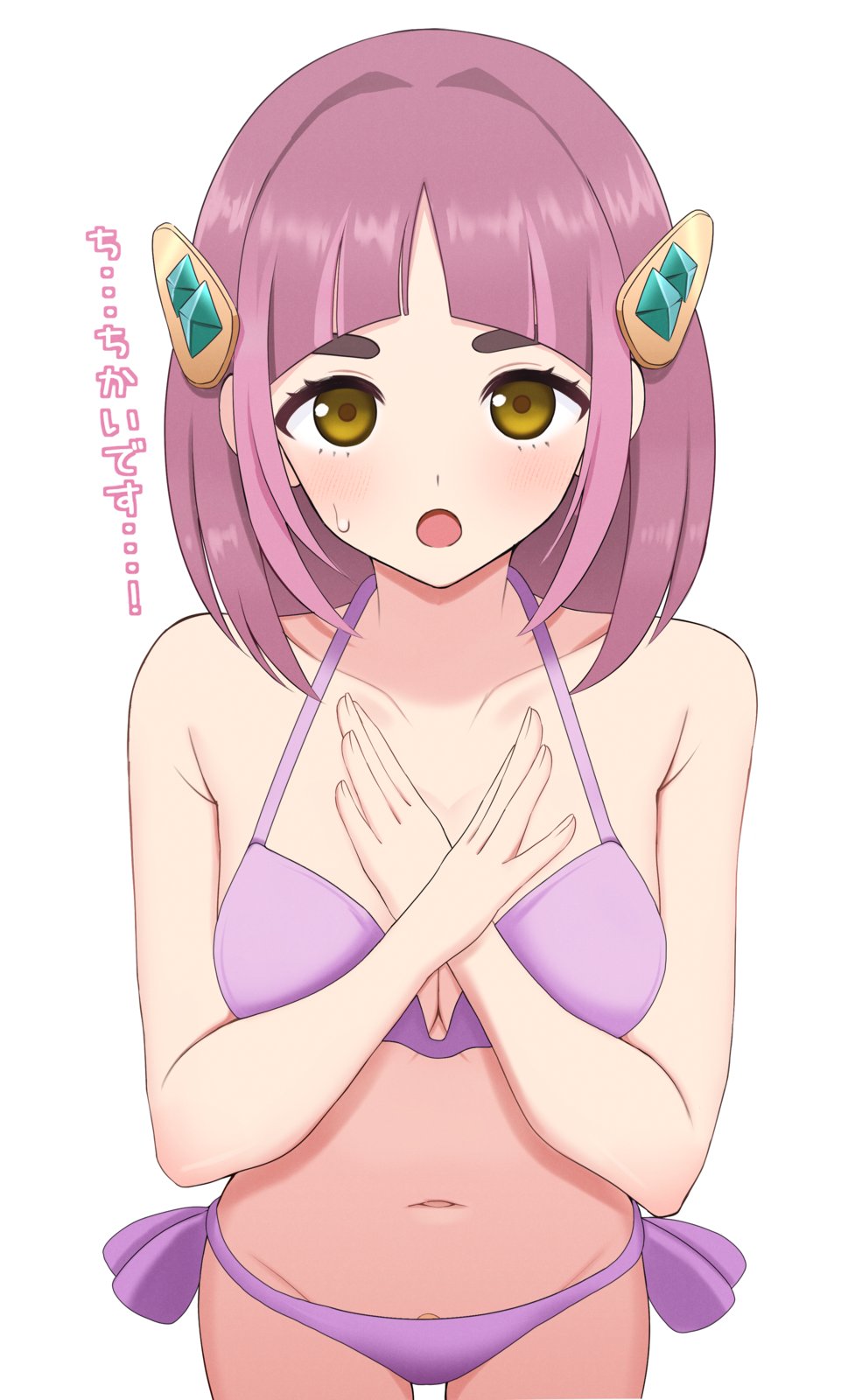 arched_bangs bikini bolt_hair_ornament breasts brown_eyebrows brown_eyes cleavage crossed_wrists highres it's_just_not_right! lacey_(pokemon) light_blush medium_breasts mismatched_eyebrows navel open_mouth pink_hair pokemon pokemon_sv purple_bikini simple_background surippa1010 sweatdrop swimsuit translation_request white_background x_arms