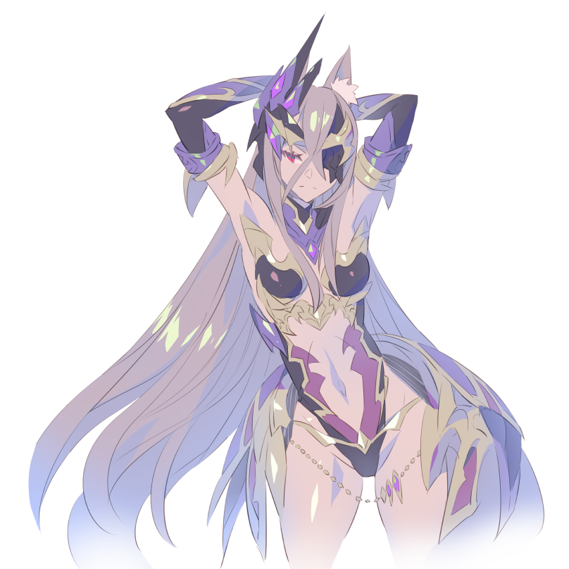 1girl arms_behind_head breasts clothing_cutout elbow_gloves eyepatch gloves grey_hair headgear long_hair medium_breasts mk-5 navel navel_cutout princess_connect! red_eyes senri_mana_(princess_connect!) skin_tight very_long_hair