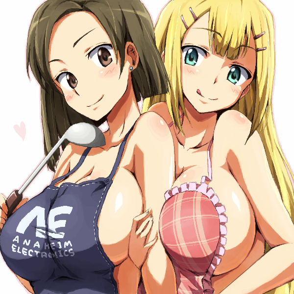 apron blonde_hair blush breasts brown_eyes brown_hair cleavage collarbone earrings frilled_apron frills green_hair gundam gundam_00 hair_ornament hairclip heart jewelry kinue_crossroad ladle large_breasts licking_lips locked_arms long_hair louise_halevy multiple_girls naked_apron runaru sideboob stud_earrings tongue tongue_out