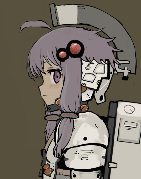 1girl ahoge backpack bag brown_background closed_mouth commentary_request cosplay exoskeleton from_side hair_ornament kojima_productions looking_at_viewer looking_to_the_side ludens ludens_(cosplay) profile purple_eyes purple_hair short_hair_with_long_locks sidelocks simple_background solo sqq upper_body vocaloid voiceroid yuzuki_yukari
