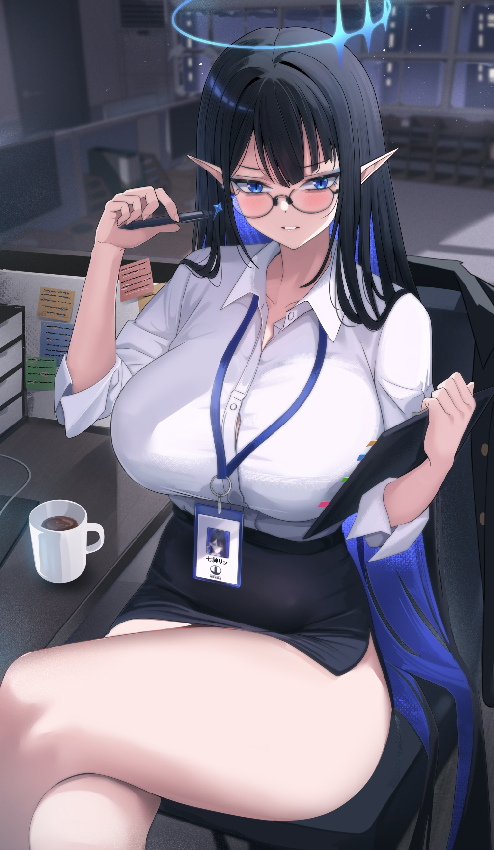 1girl ass black_hair black_skirt blue_archive blue_eyes blue_hair blue_halo blue_necktie blush breasts chair character_name coffee collared_shirt colored_inner_hair crossed_legs cup feet_out_of_frame giga-tera glasses halo highres holding holding_pen indoors large_breasts long_hair long_sleeves looking_at_viewer multicolored_hair necktie official_art_inset open_mouth pen pencil_skirt pointy_ears rin_(blue_archive) shirt sitting skirt solo sticky_note thighs white_shirt