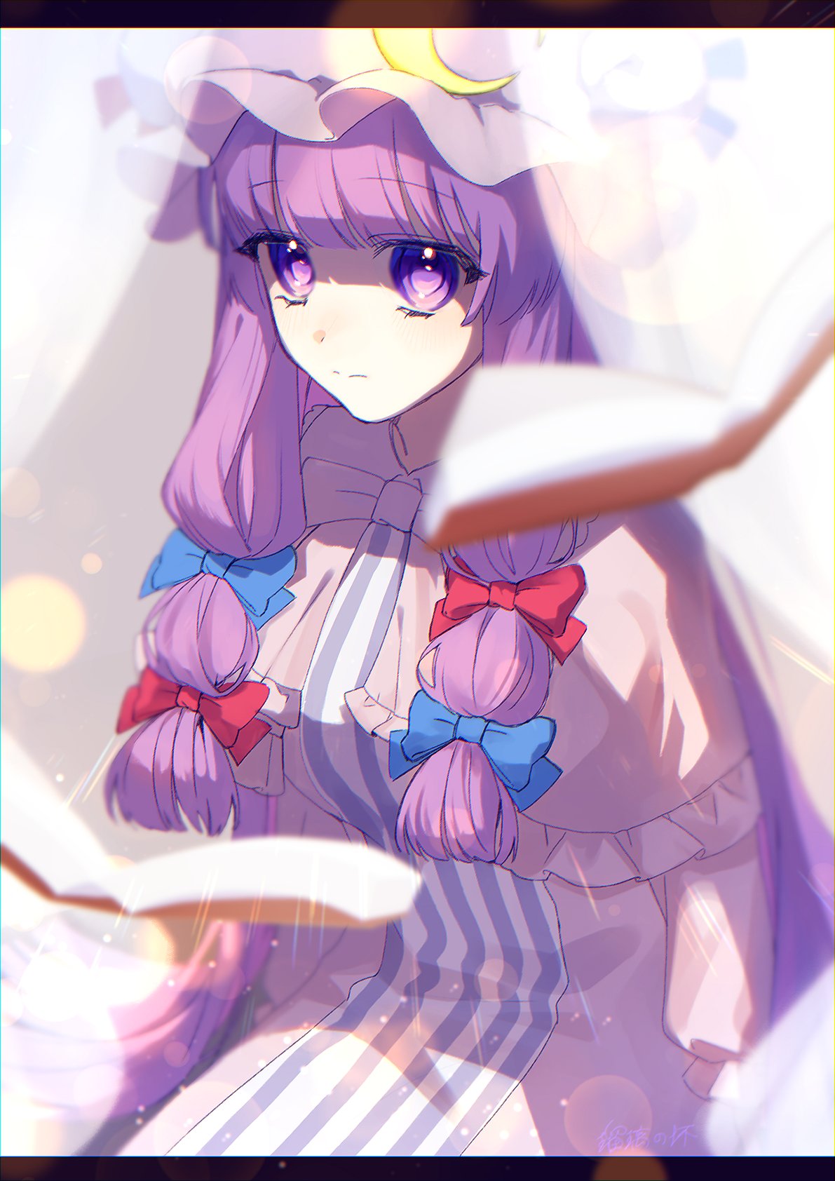1girl blue_bow blue_ribbon blunt_bangs book bow bun_cover capelet crescent crescent_hat_ornament double_bun dress expressionless frilled_capelet frilled_sleeves frills hair_bun hat hat_ornament hat_ribbon highres long_hair long_sleeves looking_at_viewer luri_no_tuki mob_cap open_book patchouli_knowledge pink_capelet pink_robe puffy_sleeves purple_eyes purple_hair purple_stripes red_bow red_ribbon ribbon robe sidelocks sitting solo striped_clothes striped_dress touhou upper_body vertical-striped_clothes vertical-striped_dress white_dress