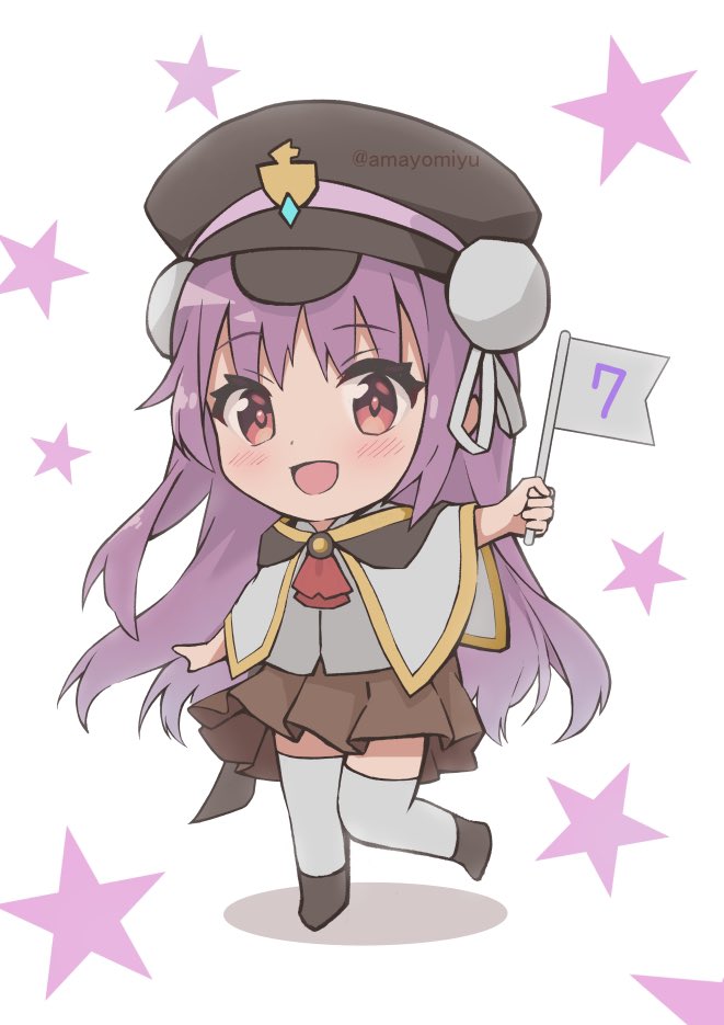 1girl :d amayomiyu arm_at_side ascot black_headwear blush brown_skirt capelet chibi commentary_request countdown_illustration double_bun eyes_visible_through_hair flag hair_between_eyes hair_bun hand_up happy hat heaven_burns_red holding holding_flag kunimi_tama long_hair looking_at_viewer military_hat miniskirt open_mouth pink_hair pleated_skirt red_ascot red_eyes shirt simple_background skirt smile solo standing standing_on_one_leg star_(symbol) thighhighs twitter_username white_background white_capelet white_shirt white_thighhighs zettai_ryouiki