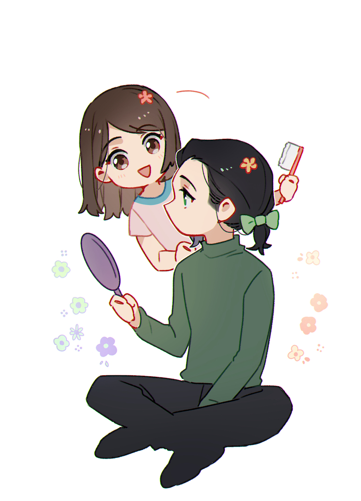 1boy 1girl alternate_hairstyle animification avengers:_endgame avengers_(series) black_footwear black_hair black_pants blue_flower blush bow brown_eyes brown_hair child english_commentary flower green_bow green_eyes green_flower green_sweater hair_bow hair_brush hair_flower hair_ornament hand_mirror hand_up holding holding_hair_brush holding_mirror loki_(marvel) long_sleeves looking_at_another looking_at_mirror marvel marvel_cinematic_universe mirror morgan_stark murdermuffinloki no_mouth open_mouth orange_flower pants pink_flower pink_shirt ponytail purple_flower shirt shoes short_hair short_ponytail short_sleeves simple_background sitting smile standing sweater t-shirt turtleneck turtleneck_sweater white_background yellow_flower