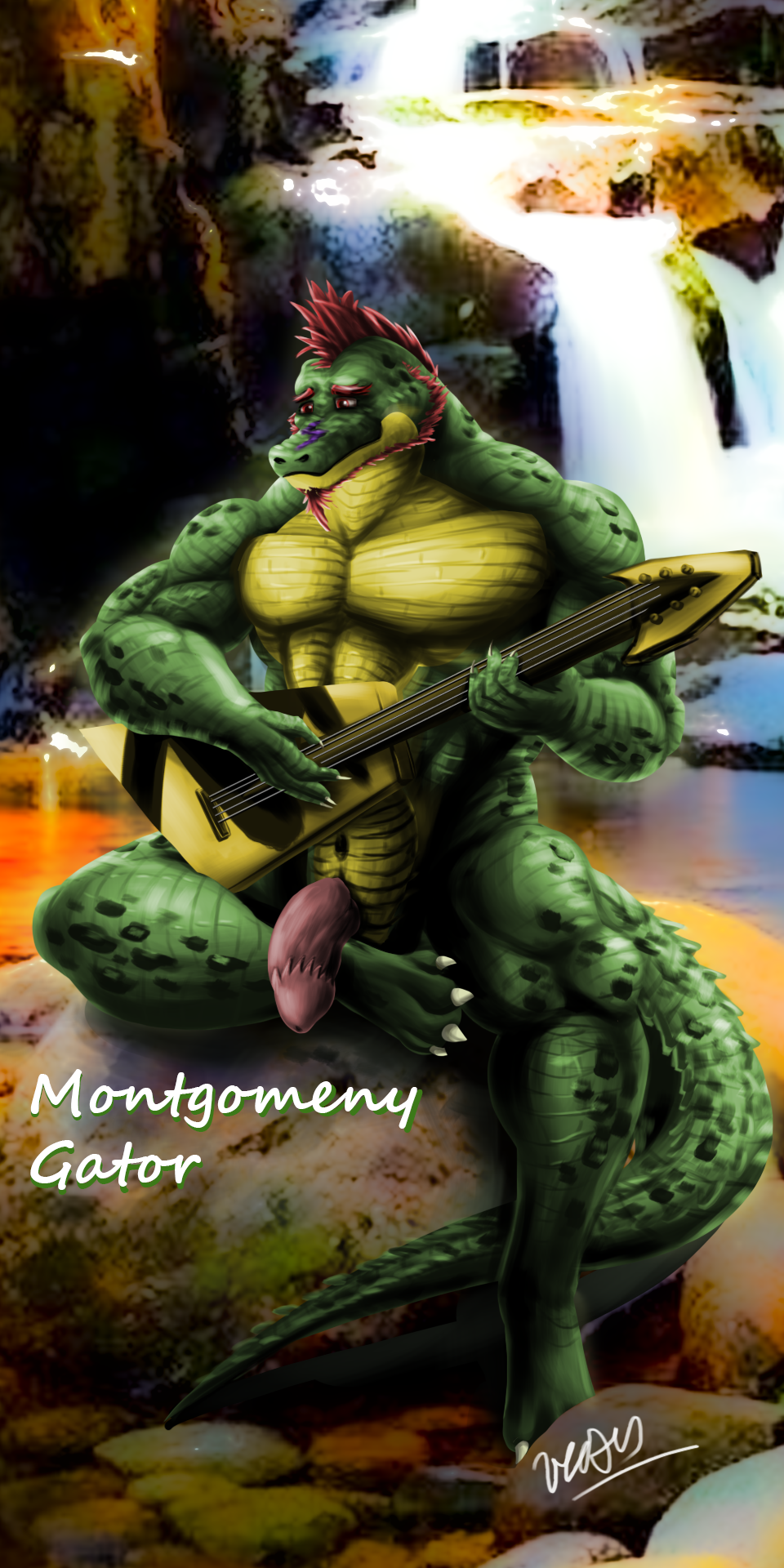 alligator alligatorid anthro balls bracelet clothing crocodile crocodilian crocodylid fingerless_gloves five_nights_at_freddy's five_nights_at_freddy's:_security_breach genitals glans gloves green_body hair handwear hi_res humanoid humanoid_genitalia humanoid_penis jewelry looking_at_viewer male montgomery_gator_(fnaf) muscular muscular_anthro muscular_male navel open_mouth pecs penis red_hair reptile scalie scottgames sharp_teeth shoulder_pads simple_background solo spiked_bracelet spikes star steel_wool_studios teeth tongue tongue_out white_body