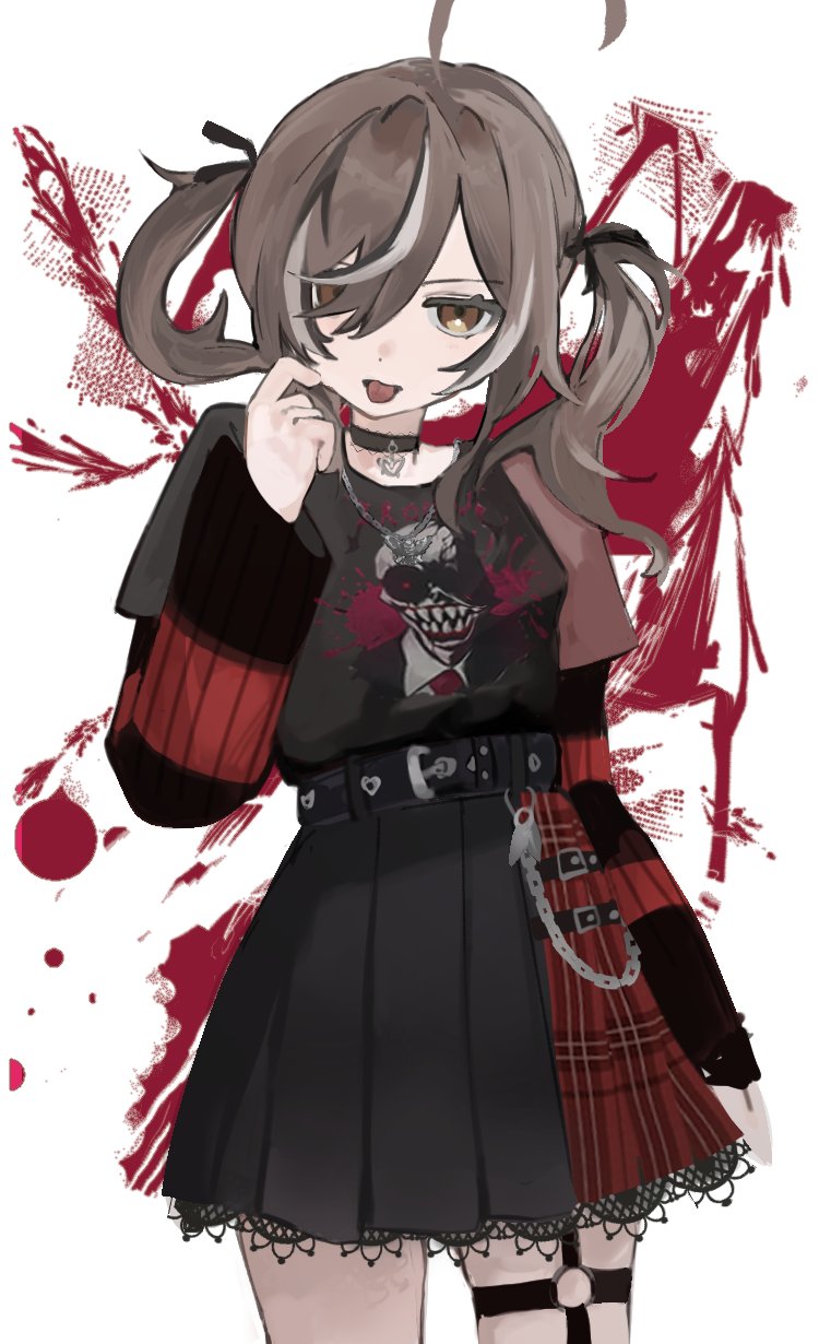 1girl ahoge belt belt_chain black_belt black_ribbon black_skirt black_sweater blood blood_splatter brown_eyes brown_hair chain_necklace choker eimmii emo_fashion frilled_choker frills hair_over_one_eye hair_ribbon heart heart_choker highres hololive hololive_english huge_ahoge jewelry looking_at_viewer multicolored_hair nanashi_mumei nanashi_mumei_(4th_costume) necklace nightmare_(nanashi_mumei) o-ring o-ring_thigh_strap official_alternate_costume official_alternate_hairstyle plaid plaid_skirt pleated_skirt red_skirt ribbon shirt shirt_tucked_in skirt splatter_background streaked_hair striped_clothes striped_sweater sweater sweater_under_shirt t-shirt thigh_strap tongue tongue_out twintails two-tone_sweater virtual_youtuber