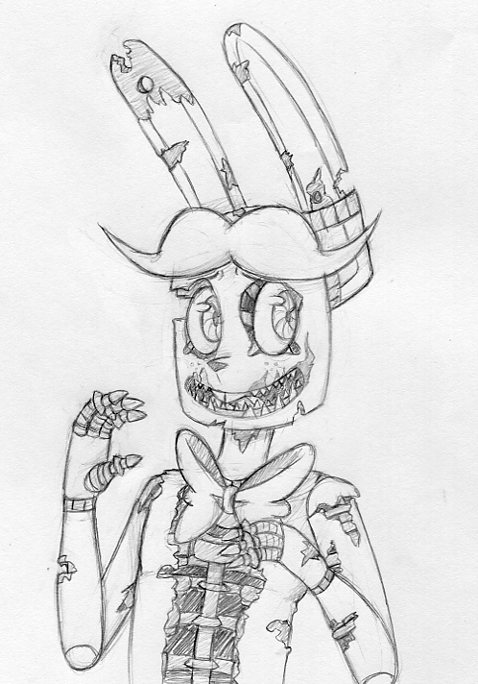 2016 animatronic anthro black_and_white bow_tie buckteeth exposed_endoskeleton five_nights_at_freddy's five_nights_at_freddy's_4 inkyfrog lagomorph machine male mammal monochrome nightmare_bonnie_(fnaf) open_mouth open_smile rabbit robot sharp_teeth simple_background smile solo teeth traditional_media_(artwork) video_games white_background