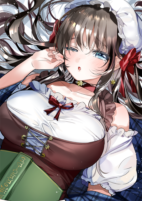 blue_eyes blush book breasts brown_hair collar collarbone commentary corset detached_sleeves duplicate dutch_angle earrings frilled_sleeves frills half-closed_eye hand_up head_scarf jewelry kanojo_(ogino_atsuki) large_breasts looking_at_viewer lying ogino_atsuki on_back open_book original parted_lips puffy_sleeves solo star star_earrings tears upper_body waking_up