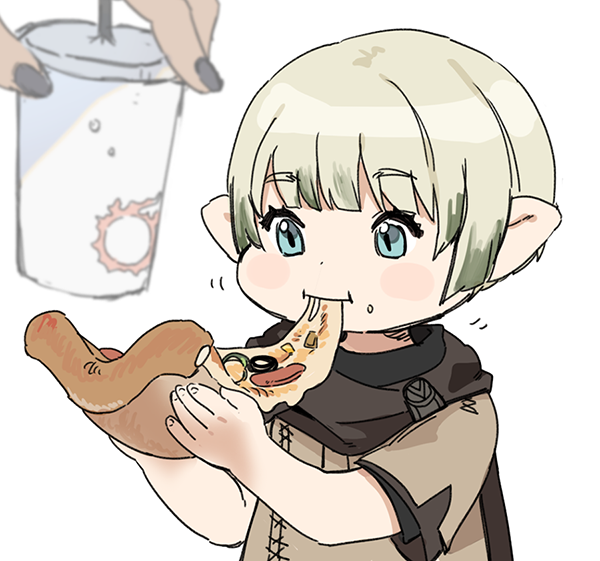 1boy blue_eyes blush_stickers brown_scarf cup disposable_cup eating final_fantasy final_fantasy_xiv food gg_dal green_hair holding holding_food holding_pizza lalafell male_focus out_of_frame pizza pizza_slice pointy_ears scarf short_hair short_sleeves simple_background slit_pupils solo_focus warrior_of_light_(ff14) white_background