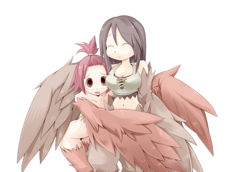1girl 2girls bangs_pinned_back bare_shoulders bird_legs breasts brown_feathers brown_tank_top brown_wings cleavage crop_top feathered_wings feathers frfr frown game_cg hair_between_eyes harpy long_hair looking_at_viewer medium_breasts medium_hair midriff mon-musu_quest! monster_girl multiple_girls navel non-web_source open_mouth pii_(mon-musu_quest!) pina_(mon-musu_quest!) red_eyes red_hair siblings sisters small_breasts tank_top transparent_background winged_arms wings