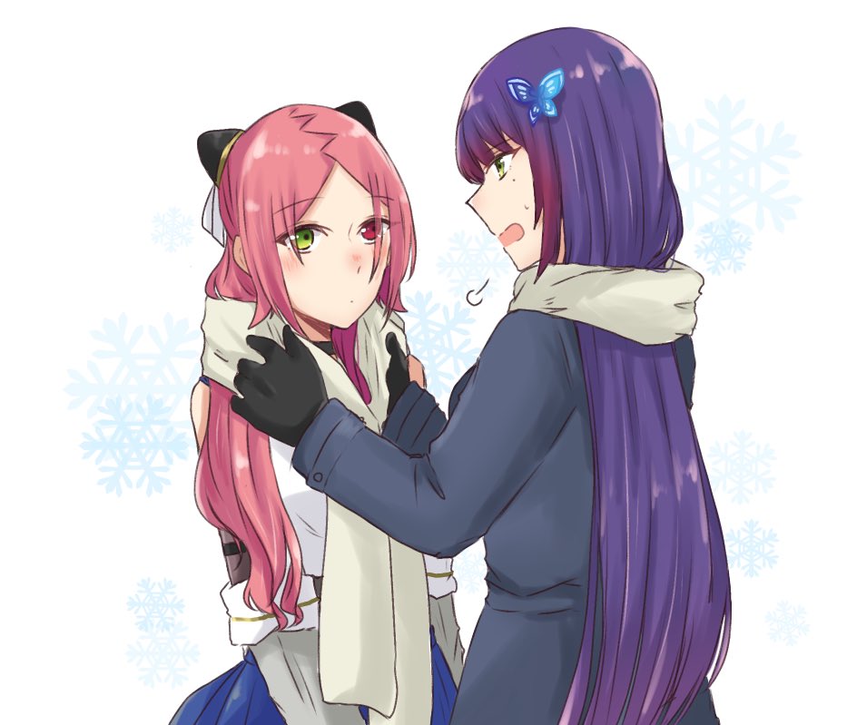 2girls adjusting_another's_clothes adjusting_scarf arms_at_sides assault_lily black_gloves black_jacket blue_skirt blush butterfly_hair_ornament closed_mouth commentary cowboy_shot detached_sleeves eye_contact funada_kiito gloves green_eyes grey_scarf hair_ornament hairpods hands_up jacket layered_sleeves long_hair long_sleeves looking_at_another mole mole_under_eye multiple_girls nigari_(ngari_0115) nose_blush odaiba_girls_high_school_uniform open_mouth parted_bangs profile puff_of_air purple_hair red_eyes red_hair scarf school_uniform shiba_tomoshibi shirt skirt sleeveless sleeveless_shirt snowflake_background standing sweatdrop very_long_hair white_background white_shirt