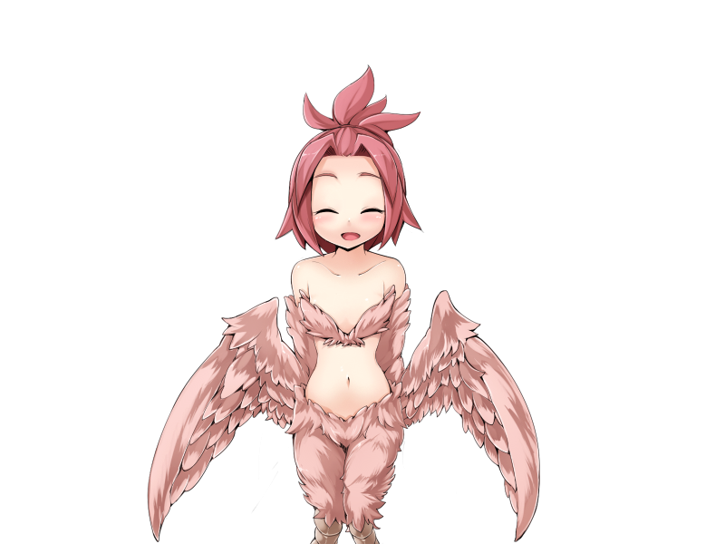1girl bare_shoulders bird_legs blush bmp-to-png_conversion closed_mouth feathers frfr hair_intakes harpy medium_hair midriff mon-musu_quest! monster_girl navel non-web_source open_mouth pii_(mon-musu_quest!) ponytail red_feathers red_hair red_wings solo transparent_background winged_arms wings