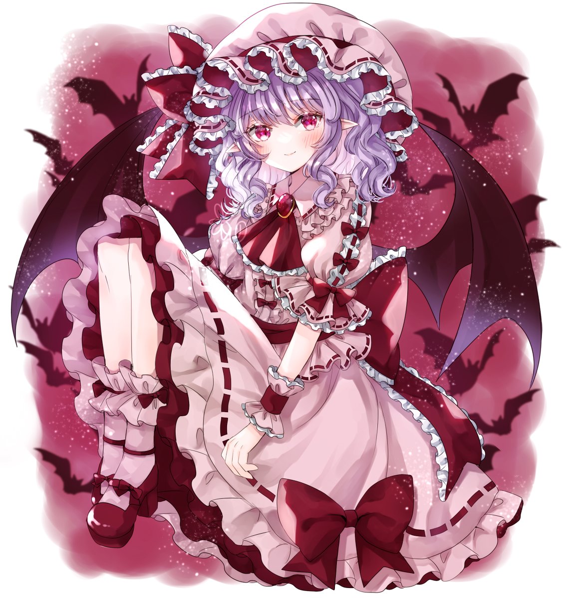 1girl adapted_costume arm_at_side ascot bat_(animal) bat_wings blue_hair blush border bow bow_skirt center_frills closed_mouth commentary eyelashes frilled_ascot frilled_hat frilled_shirt_collar frilled_skirt frilled_sleeves frilled_wrist_cuffs frills full_body hair_between_eyes hat hat_bow highres jaku_sono knees_up light_particles looking_at_viewer mary_janes medium_hair mob_cap pink_headwear pink_shirt pink_skirt pointy_ears puffy_short_sleeves puffy_sleeves red_ascot red_background red_bow red_eyes red_footwear red_wrist_cuffs remilia_scarlet ribbon-trimmed_skirt ribbon_trim shirt shoes short_sleeves simple_background sitting skirt sleeve_bow smile solo touhou tsurime wavy_hair white_border wings wrist_cuffs