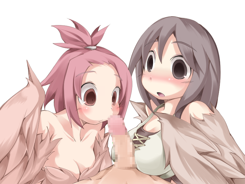 1boy 2girls bangs_pinned_back bare_shoulders blush bmp-to-png_conversion breasts brown_eyes brown_feathers brown_hair brown_wings censored cleavage feathered_wings feathers harpy long_hair looking_at_penis medium_breasts mon-musu_quest! monster_girl mosaic_censoring multiple_girls non-web_source open_mouth penis pii_(mon-musu_quest!) pina_(mon-musu_quest!) pov red_hair siblings sisters small_breasts tank_top transparent_background winged_arms wings
