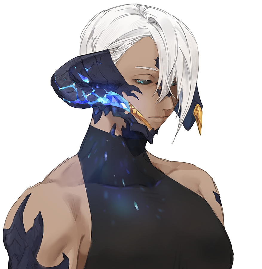 1boy au_ra bare_shoulders black_sclera black_shirt blue_eyes blue_sclera closed_mouth colored_sclera final_fantasy final_fantasy_xiv gg_dal half-closed_eyes horn_cover horns looking_down male_focus monster_boy scales shirt short_hair simple_background solo upper_body warrior_of_light_(ff14) white_background white_hair