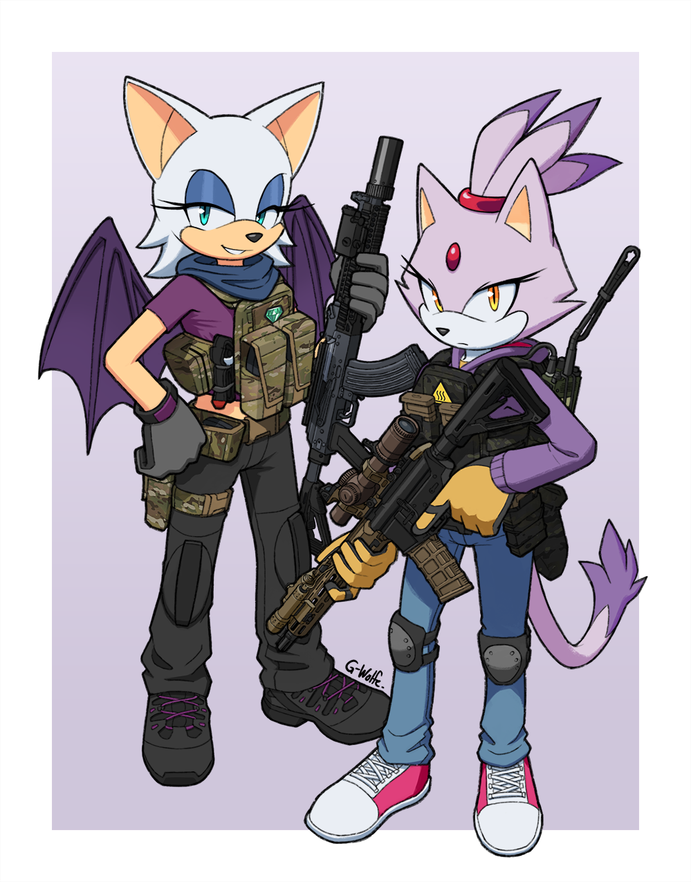 2girls animal_ears assault_rifle bat_ears bat_girl bat_wings black_footwear black_gloves black_pants blaze_the_cat blue_eyeshadow blue_pants cat_ears cat_girl cat_tail eyeshadow forehead_jewel furry furry_female g-wolfe gloves green_eyes gun highres hood hoodie makeup multiple_girls pants pink_footwear ponytail purple_fur purple_hoodie purple_shirt rifle rouge_the_bat scarf shirt simple_background sonic_(series) tail two-tone_gloves weapon white_fur wings yellow_eyes