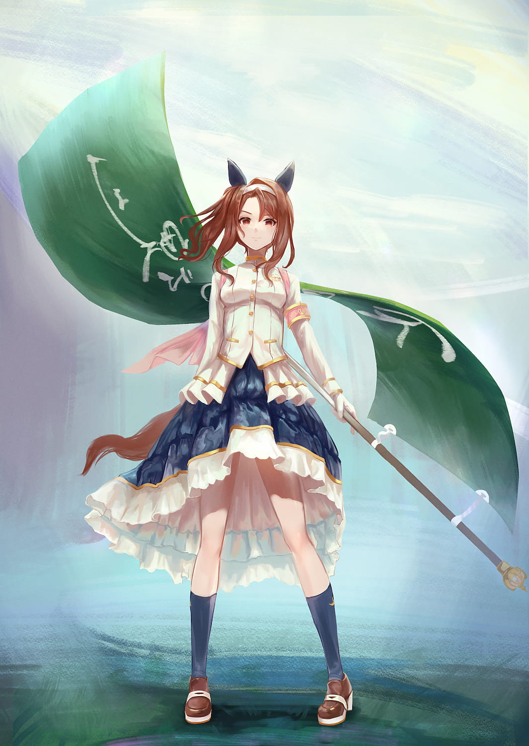 &gt;:) 1girl animal_ears blue_skirt blue_socks breasts brown_footwear brown_hair closed_mouth ear_covers flag full_body gakuran gloves headband highres holding holding_flag horse_ears horse_girl horse_tail jacket king_halo_(noble_white_cheer_attire)_(umamusume) king_halo_(umamusume) kneehighs layered_skirt long_hair long_sleeves medium_breasts medium_skirt official_alternate_costume official_alternate_hairstyle ouendan pink_armband ponytail red_eyes sayuumigi school_uniform skirt socks solo tail umamusume v-shaped_eyebrows white_gakuran white_gloves white_headband white_jacket