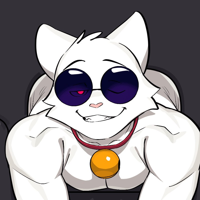 anthro athletic athletic_anthro athletic_male bell bell_collar biceps collar domestic_cat felid feline felis fur male mammal monotone_body monotone_fur one_eye_closed pecs red_eyes smile solo sunglasses_on_face through_wall tofuxal white_body white_fur