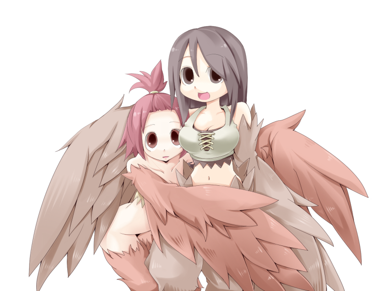 1girl 2girls bangs_pinned_back bare_shoulders bird_legs breasts brown_eyes brown_feathers brown_tank_top brown_wings cleavage crop_top feathered_wings feathers frfr game_cg hair_between_eyes harpy long_hair looking_at_viewer medium_breasts medium_hair midriff mon-musu_quest! monster_girl multiple_girls navel non-web_source open_mouth pii_(mon-musu_quest!) pina_(mon-musu_quest!) red_eyes red_hair siblings sisters small_breasts tank_top transparent_background winged_arms wings