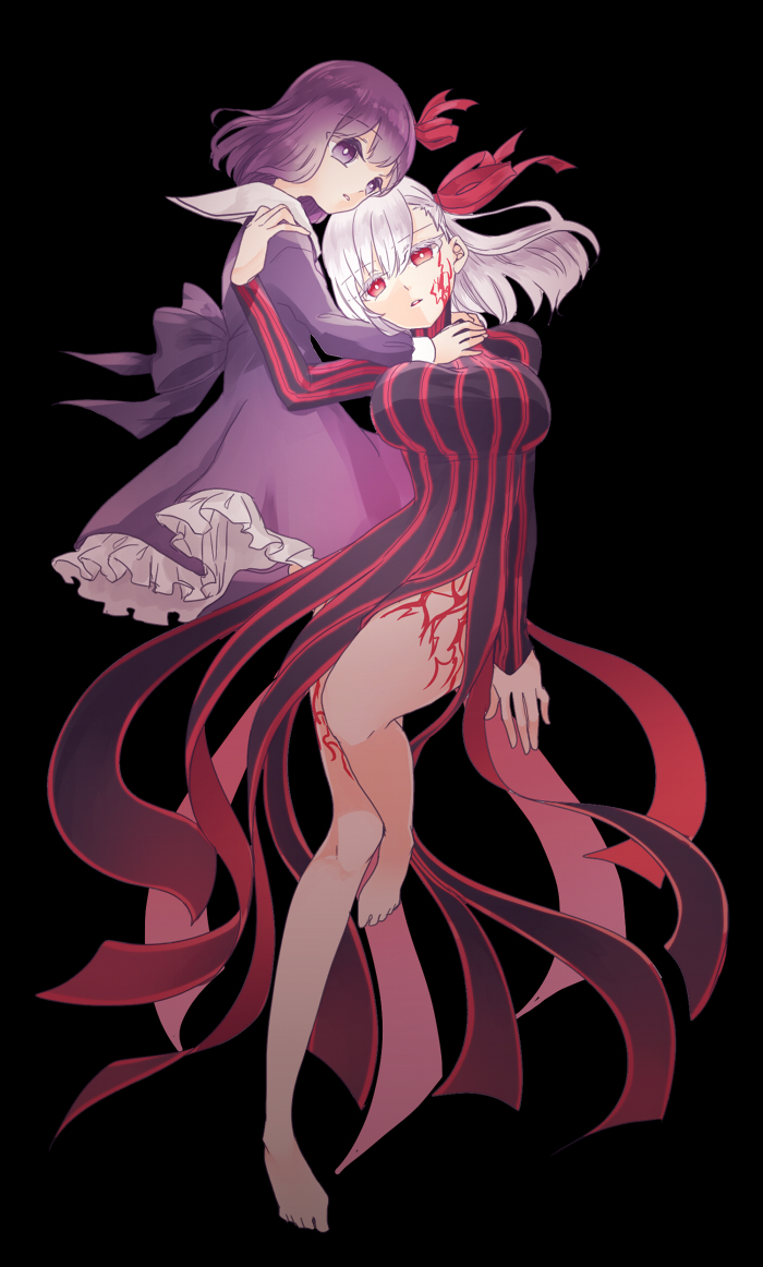 2girls barefoot black_background body_markings breasts bright_pupils dark_sakura dress dual_persona facial_mark fate/stay_night fate_(series) heaven's_feel large_breasts long_hair looking_at_viewer matou_sakura multiple_girls purple_dress purple_eyes purple_hair red_eyes ro96cu short_hair striped_clothes striped_dress time_paradox white_hair white_pupils